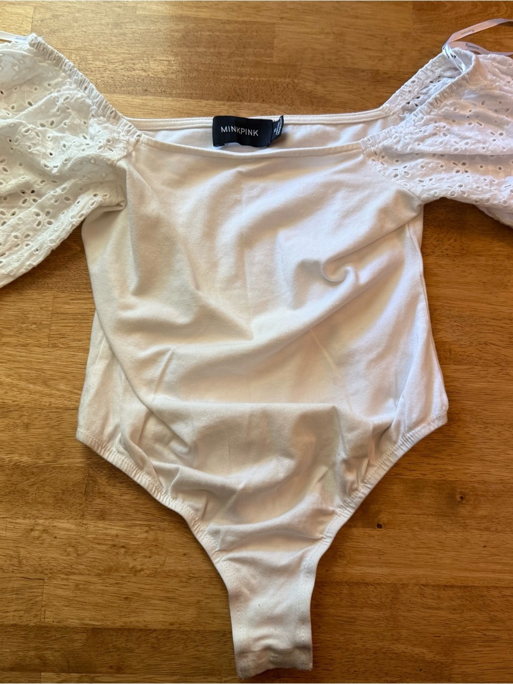 MINKPINK White Off-the-Shoulder Eyelet Puff Sleeve Bodysuit Size XS